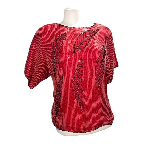 Vintage Jean For Le Bon Red Sequin Beaded Top Medium Pure Silk Short Sleeve Wome - Picture 1 of 11